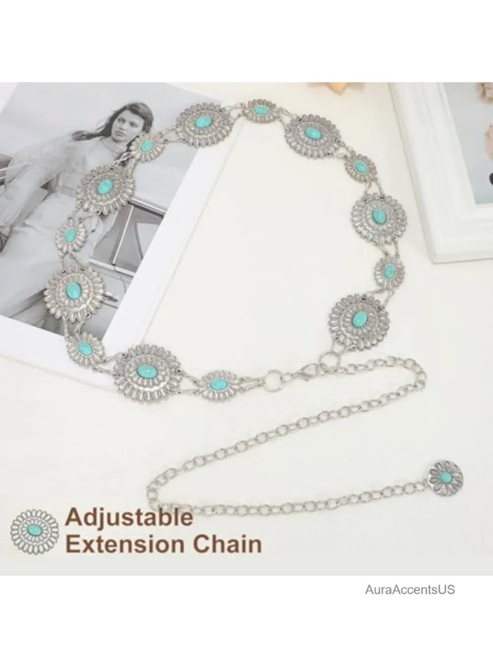 Western Concho Chain Belt Turquoise Metal Link with Lobster Claw Clasp for